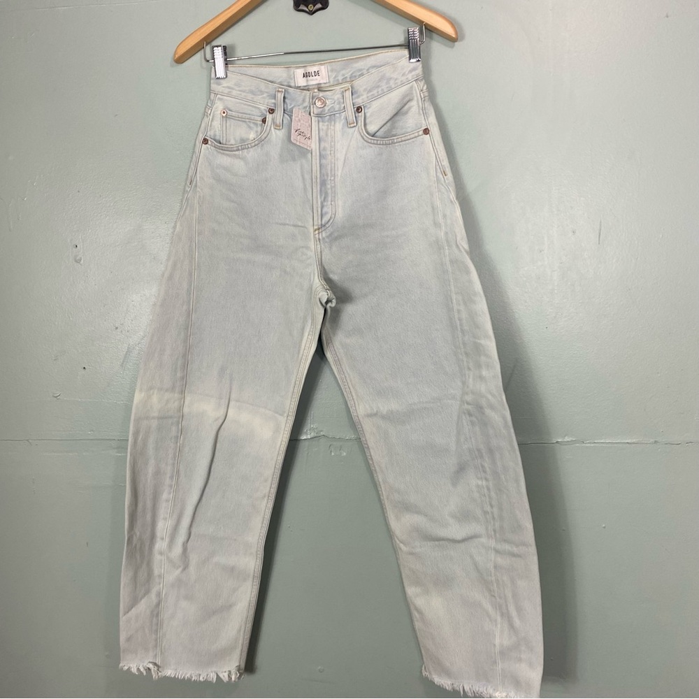 Agolde Luna Jean Barrel In Mint Light Wash Blue Raw Hem Size 24